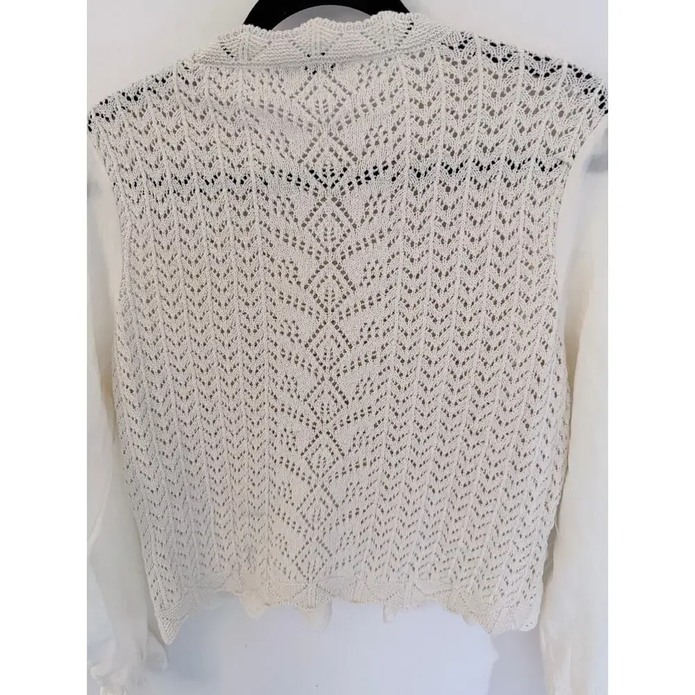 Zara Cream Knit Crochet Lace Scalloped Hem Long Sleeve Top-Size Small